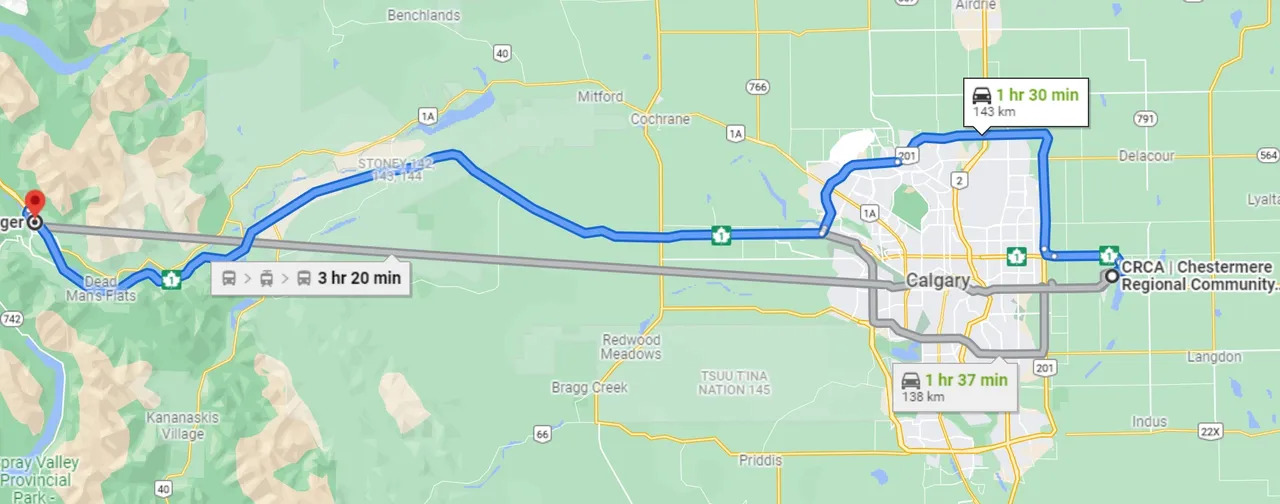 This is a screenshot of a map with a driving route from a point in the west, marked with a red pin, to Calgary. The estimated travel time is 3 hours 20 minutes.