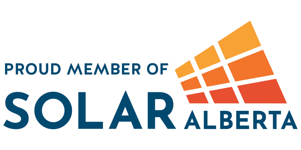This is a logo with the text "PROUD MEMBER OF SOLAR ALBERTA" in blue and orange, featuring an abstract orange solar panel design.