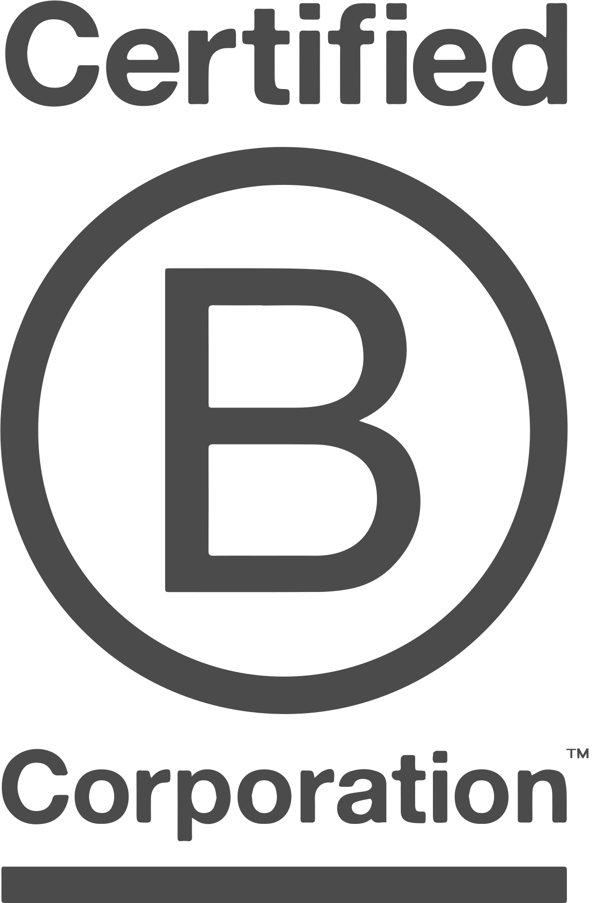 The image displays the "Certified B Corporation" logo in grayscale, with a bold letter "B" encircled by the words "Certified" and "Corporation."