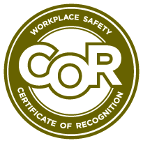 This image displays a circular logo for a "Workplace Safety Certificate of Recognition" (COR) with golden and green color accents on a white background.