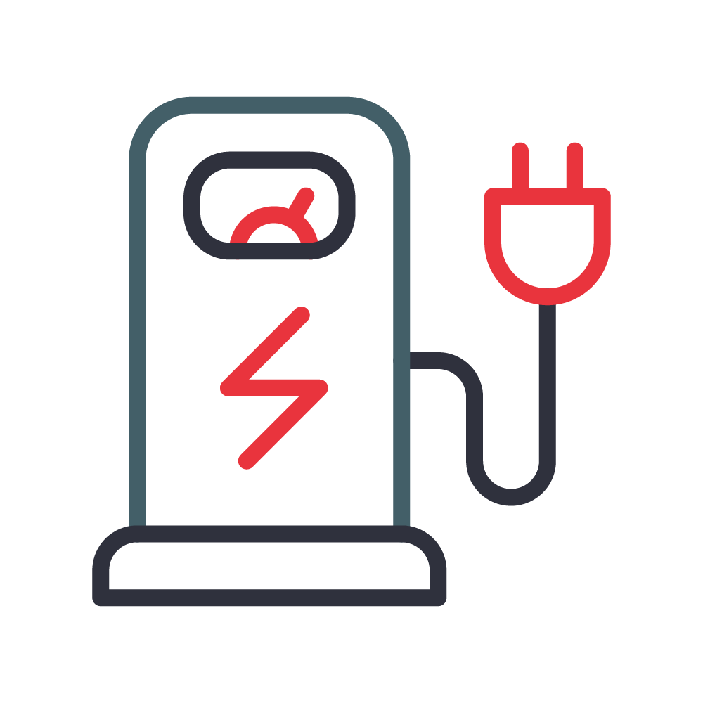 The image shows a stylized icon of an electric vehicle charging station, with a power plug and lightning bolt symbol indicating electricity or energy.