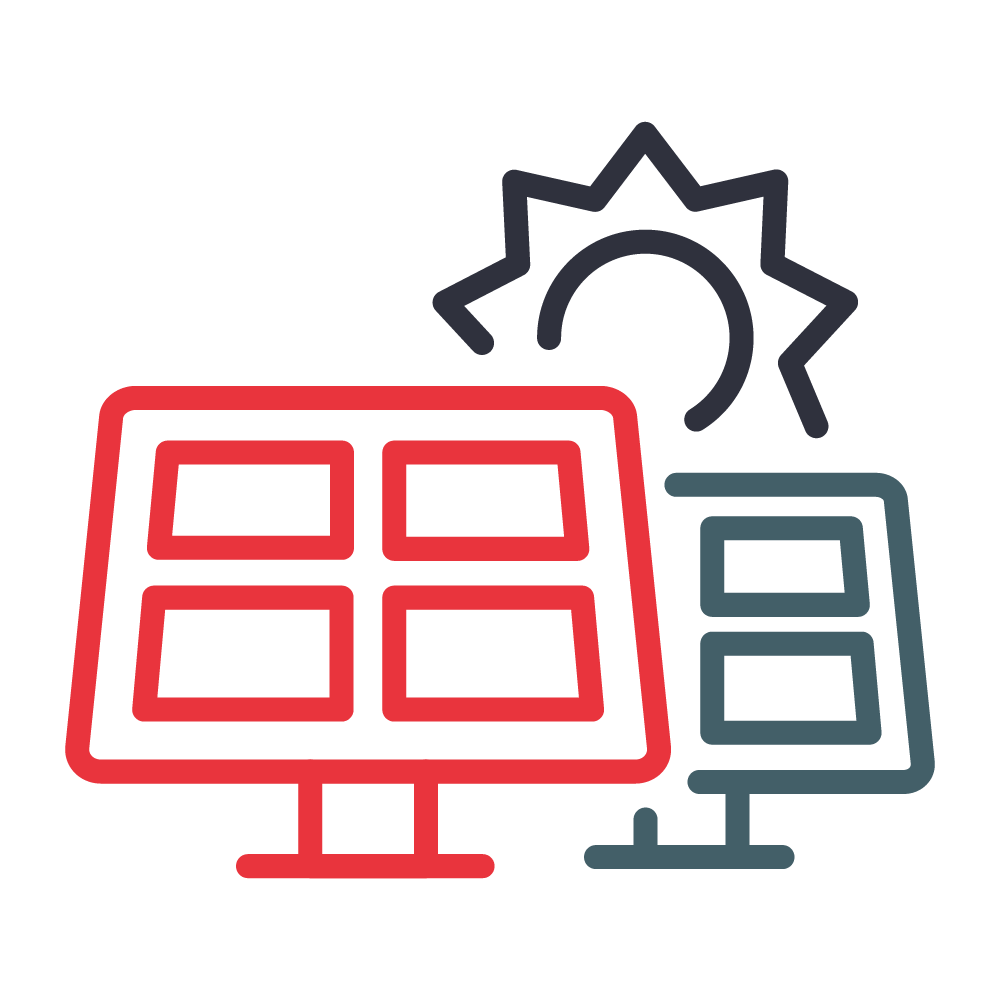The image shows a stylized representation of a solar panel array with a sun symbol above, indicating renewable energy, likely solar power generation.