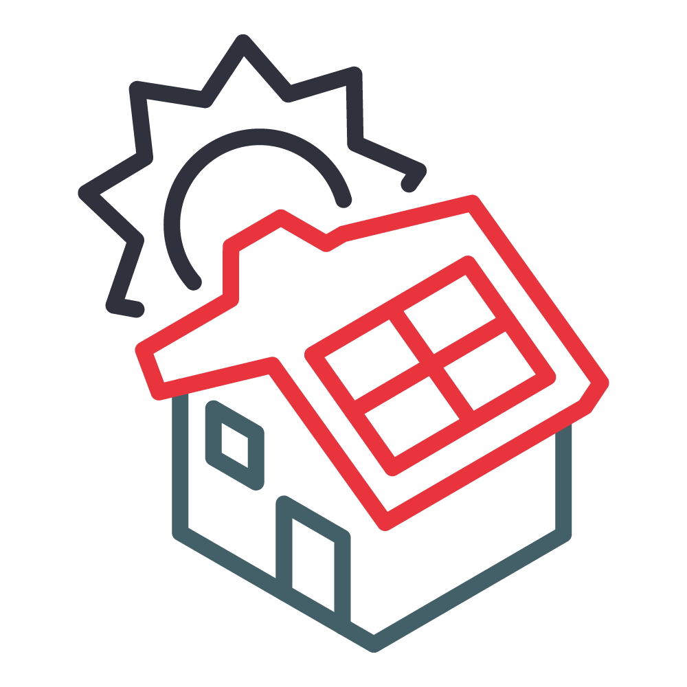 This image features a stylized icon of a simple house with a red roof and windows, overlaid by a black-lined sunburst or starburst shape.