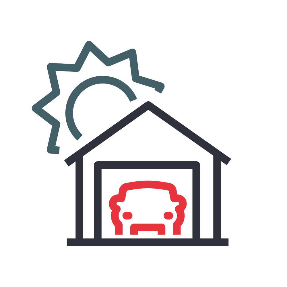 This is a stylized icon showing a garage with a car inside, represented under a house roof. A sun with one sharp ray is depicted above the house.