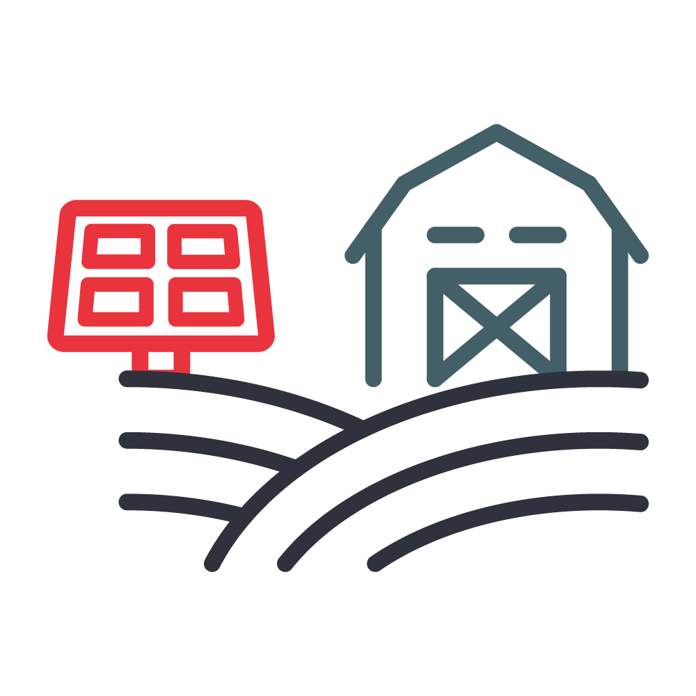 The image shows a stylized icon with a solar panel on the left and a barn-like house on the right, connected by curved lines representing a hill or field.