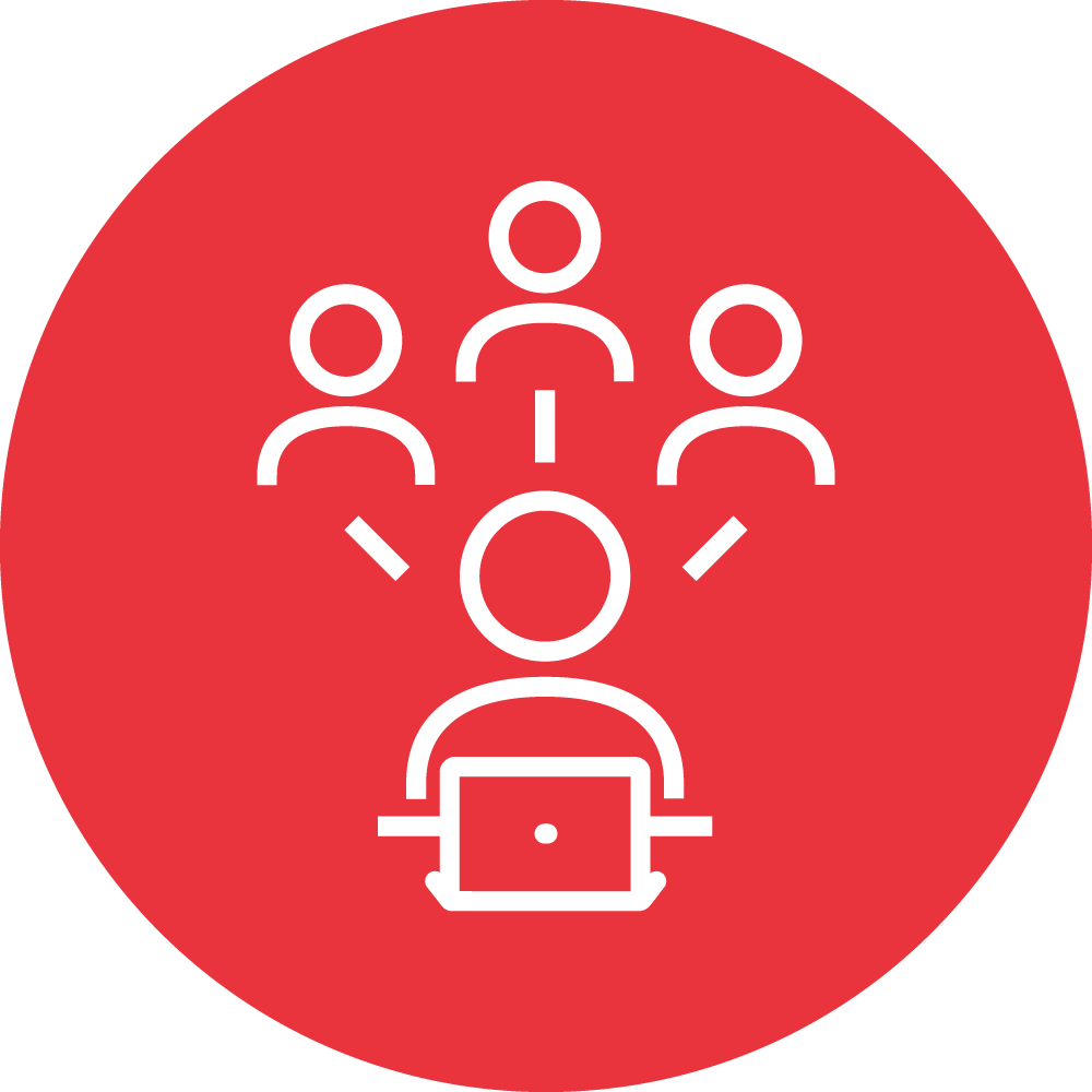 This is a red circular icon with white stylized figures depicting a central person connected to others above, and a person with a laptop below, suggesting remote communication or telecommuting.