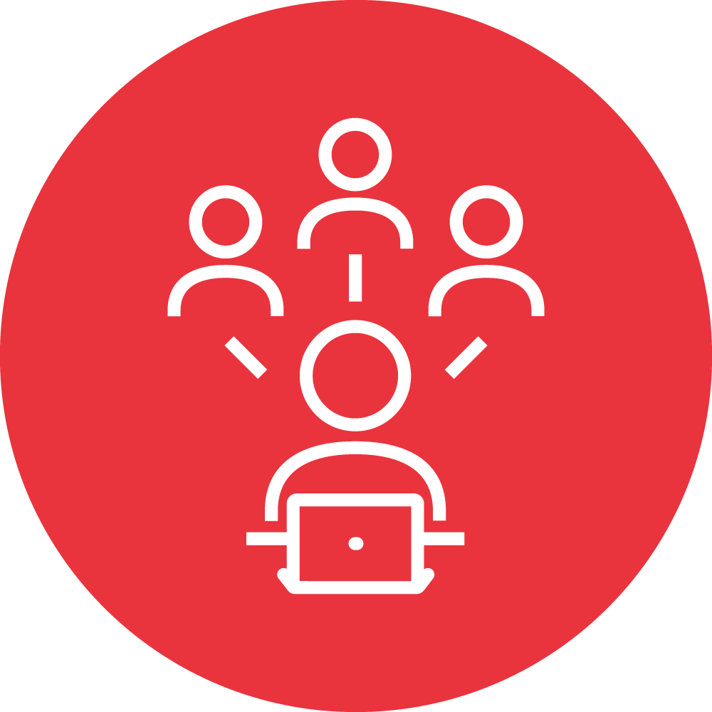 This is a red circular icon with white stylized figures depicting a central person connected to others above, and a person with a laptop below, suggesting remote communication or telecommuting.