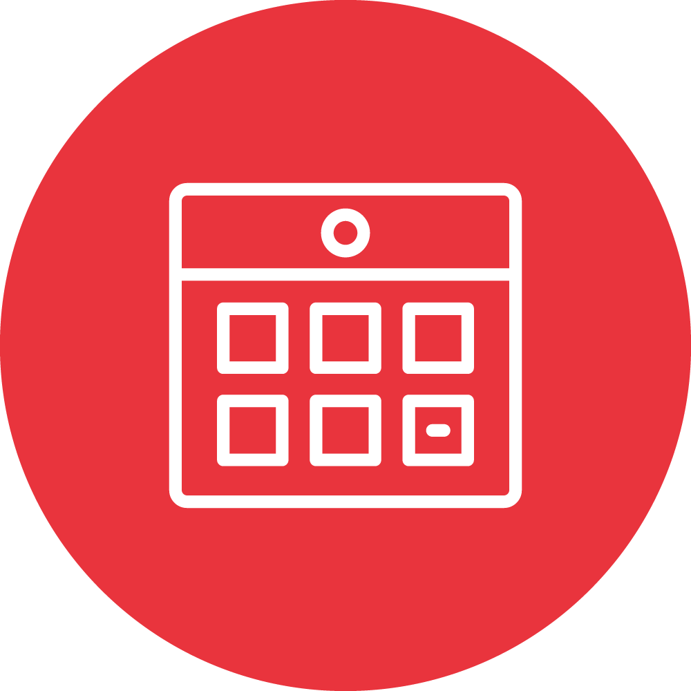 The image shows a stylized white calendar icon centered on a solid red circular background, suggesting organization, planning, or date-related concepts.