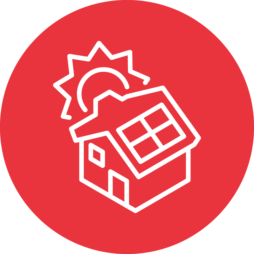 The image features a simplistic line drawing of a house with a sun symbol above it inside a red circular background. The style is modern and graphic.