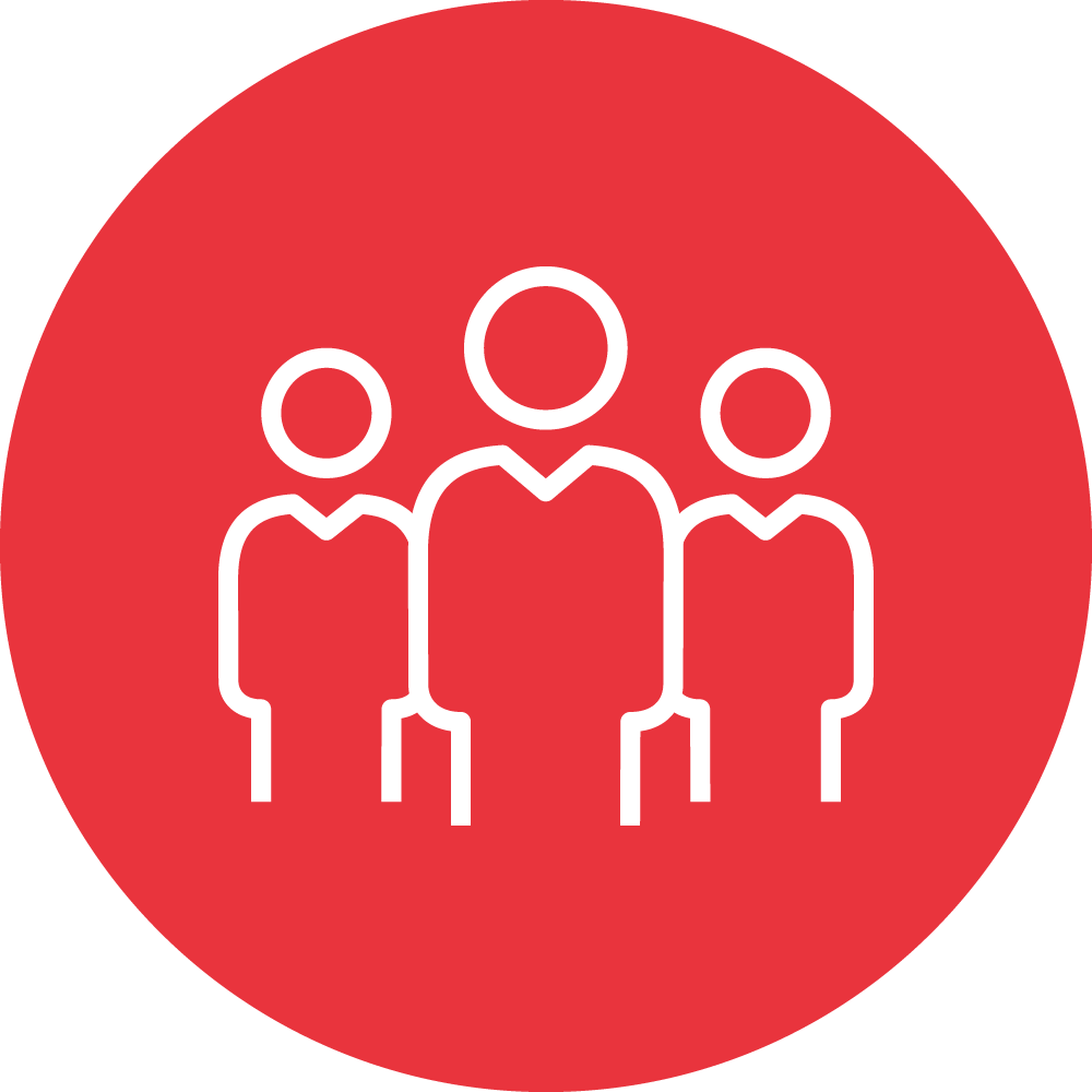 This image displays a red circular icon with a white pictogram featuring three stylized figures representing people, two taller ones flanking a shorter one.