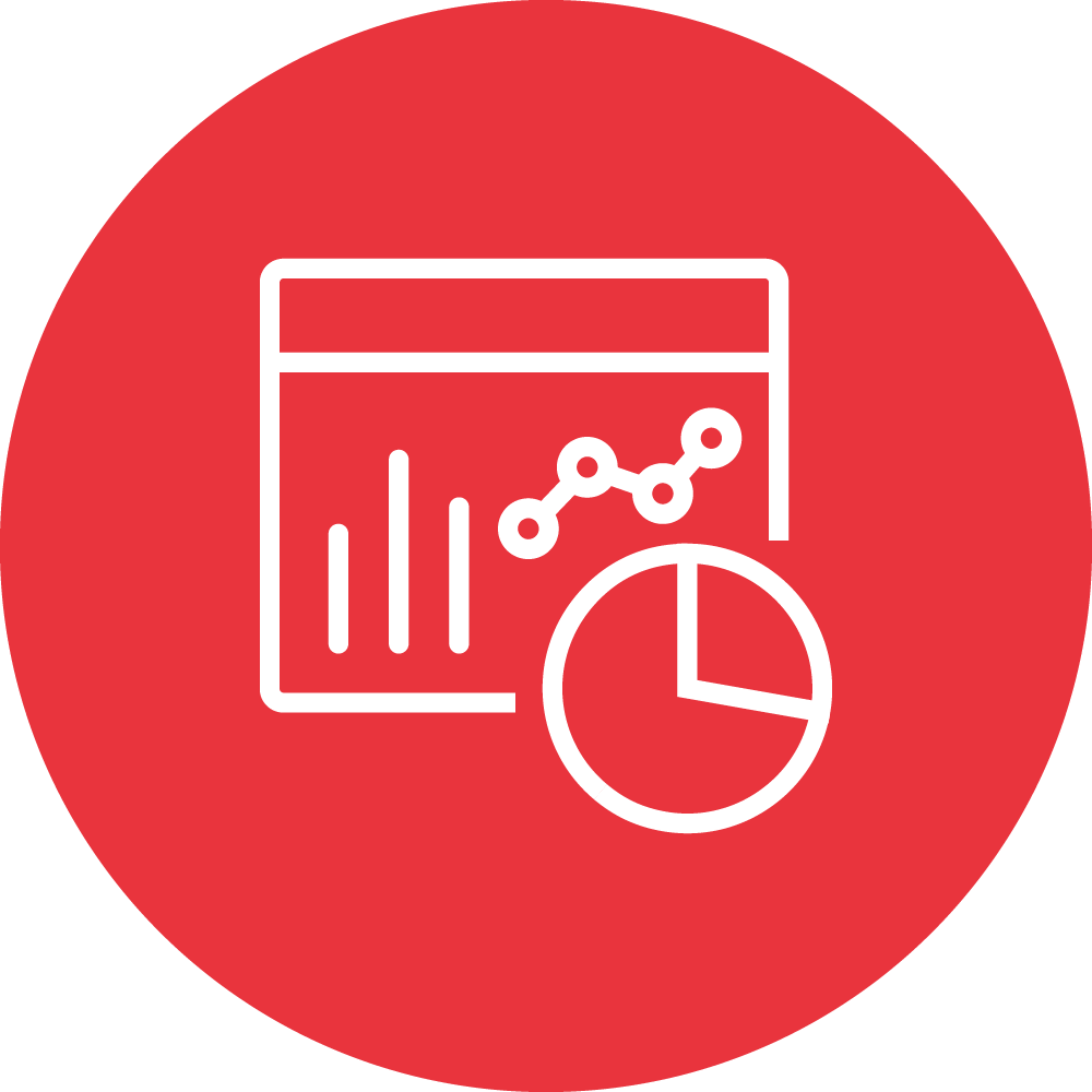 This image features a red circular icon with white graphics of a bar chart, line graph, and pie chart, representing data visualization and analytics.