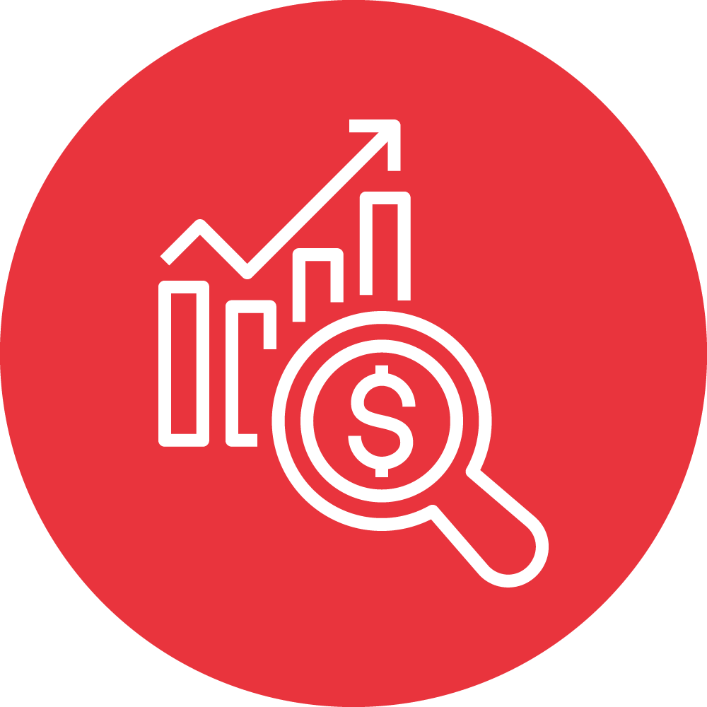 This image features a red circle with a white line graph trending upwards, a magnifying glass, and a dollar sign, symbolizing financial analysis or economic growth.