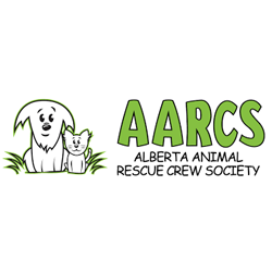 The image displays the logo for AARCS, which stands for Alberta Animal Rescue Crew Society, featuring a cartoon dog and cat with green text and grass.