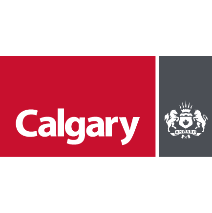 The image displays the word "Calgary" in large white letters on a red background, alongside a gray crest with a motto and illustrations.