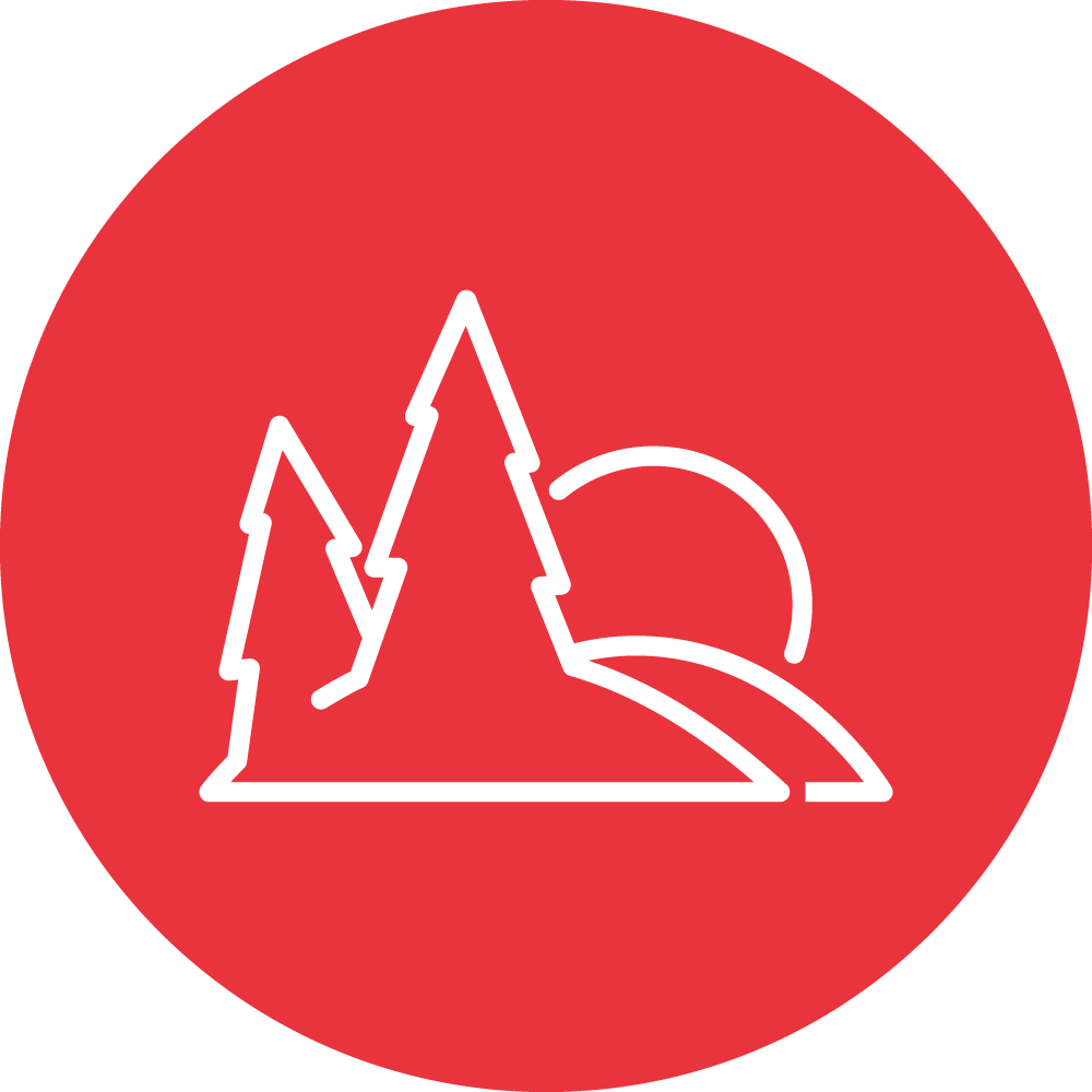 This image features three stylized white mountain peaks on a solid red circular background, with a white curved line resembling a simplified sun or cloud.