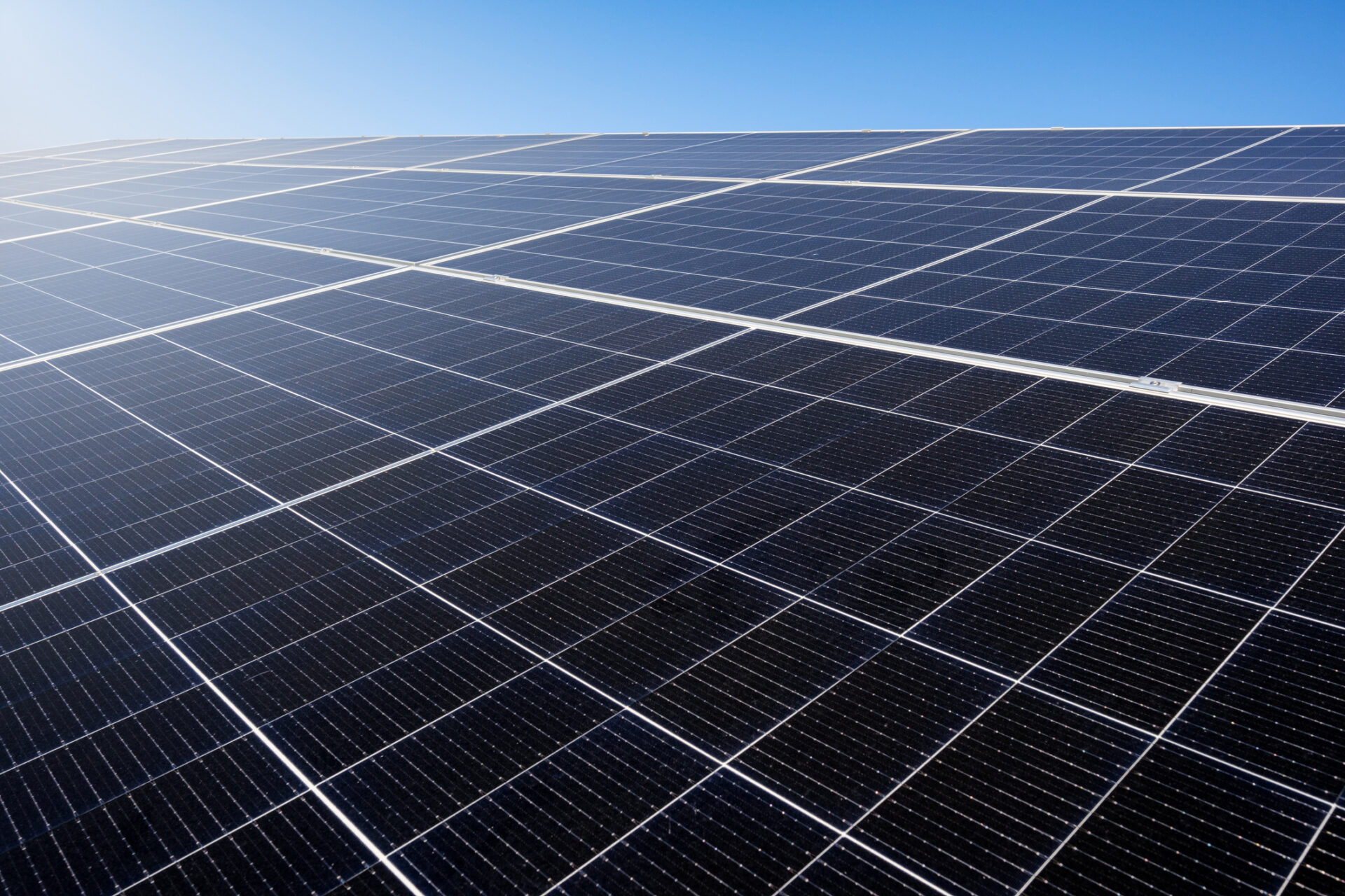 A vast array of solar panels stretches under a clear blue sky, capturing sunlight with their dark, shiny surfaces for renewable energy generation.