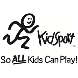The image is a black and white logo featuring a stick figure in motion above the words "KidSport" and the slogan "So ALL Kids Can Play!" with a trademark symbol.