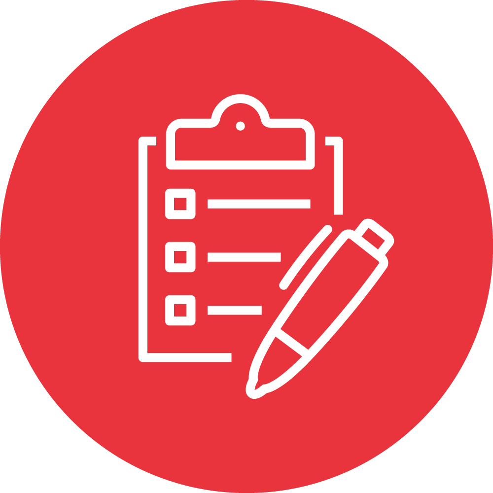This image shows a white clipboard icon with checkboxes and a pen, set against a solid red circular background. It represents tasks, surveys, or checklists.