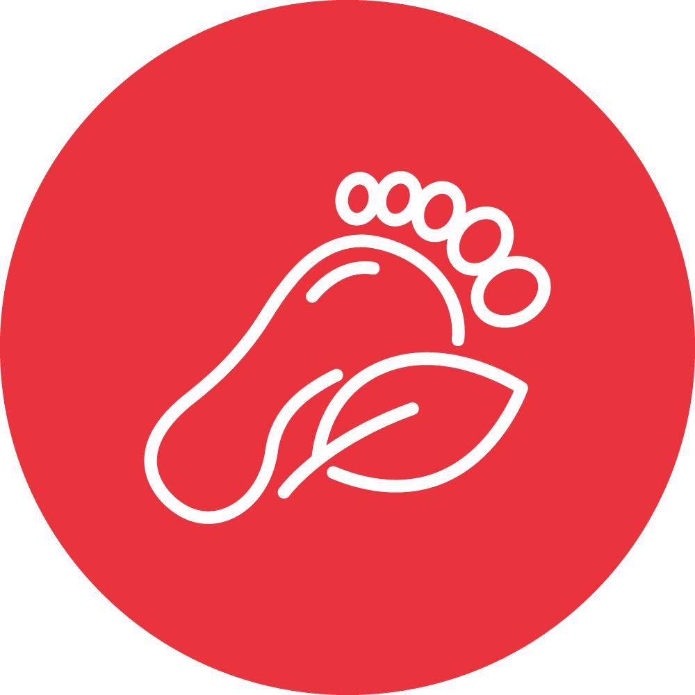 The image is a simple white line drawing of a bare foot and a leaf inside a red circle, possibly symbolizing a natural or eco-friendly concept.