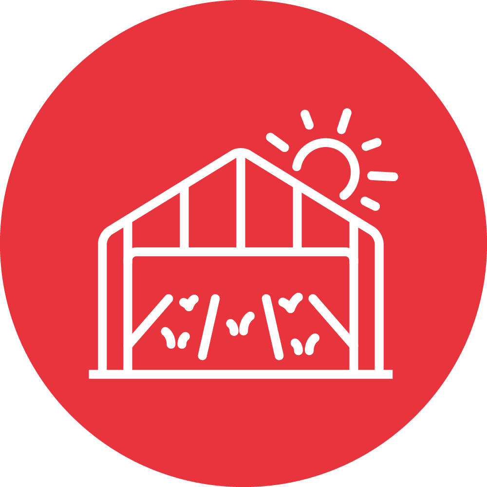 This is a simplified, white line drawing of a greenhouse with plants, set against a red circular background and a small sun in the corner.