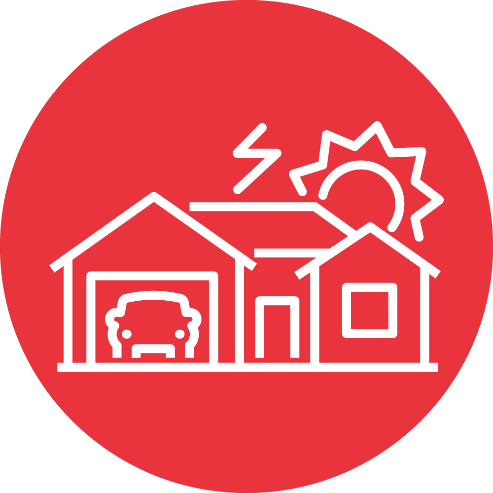 This is a red circular icon with a white linear illustration. It features a house with a garage and car, a sun, and a lightning bolt symbolizing energy or solar power.