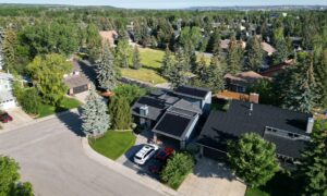Aerial view of a suburban neighborhood with single-family homes. Lush trees, green lawns, driveways, and cars are visible, under a clear sky.
