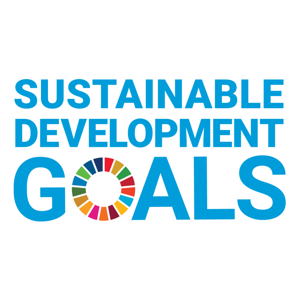 The image displays the logo for the Sustainable Development Goals, featuring a multicolored wheel on a black background alongside bold blue lettering.