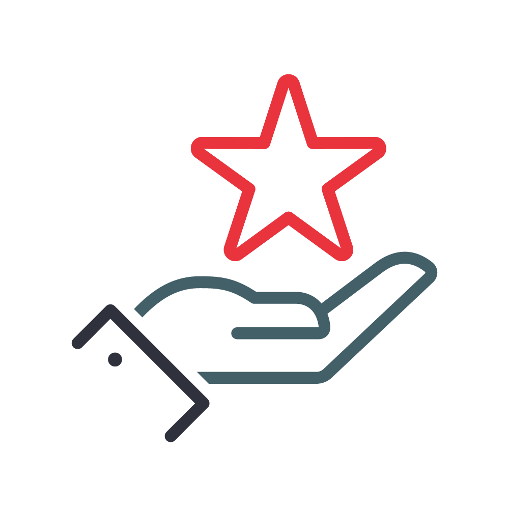 This is a digital icon featuring a stylized hand with an open palm facing upward, underneath a five-pointed star, suggesting a concept of care, quality, or excellence.