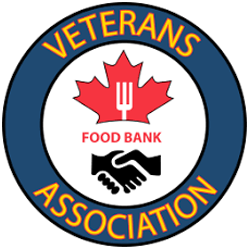 This image features a circular logo with the words "Veterans Food Bank Association" around the edge. In the center is a red maple leaf with a white pitchfork, and two hands shaking below it.