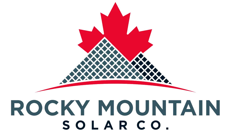 The image features a logo with a stylized red maple leaf, a grid-patterned mountain, and the text "ROCKY MOUNTAIN SOLAR CO." below it.
