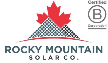 The image shows a logo featuring a stylized mountain with a red maple leaf, a grid pattern, and text reading "ROCKY MOUNTAIN SOLAR CO." with a "Certified B Corporation" badge.