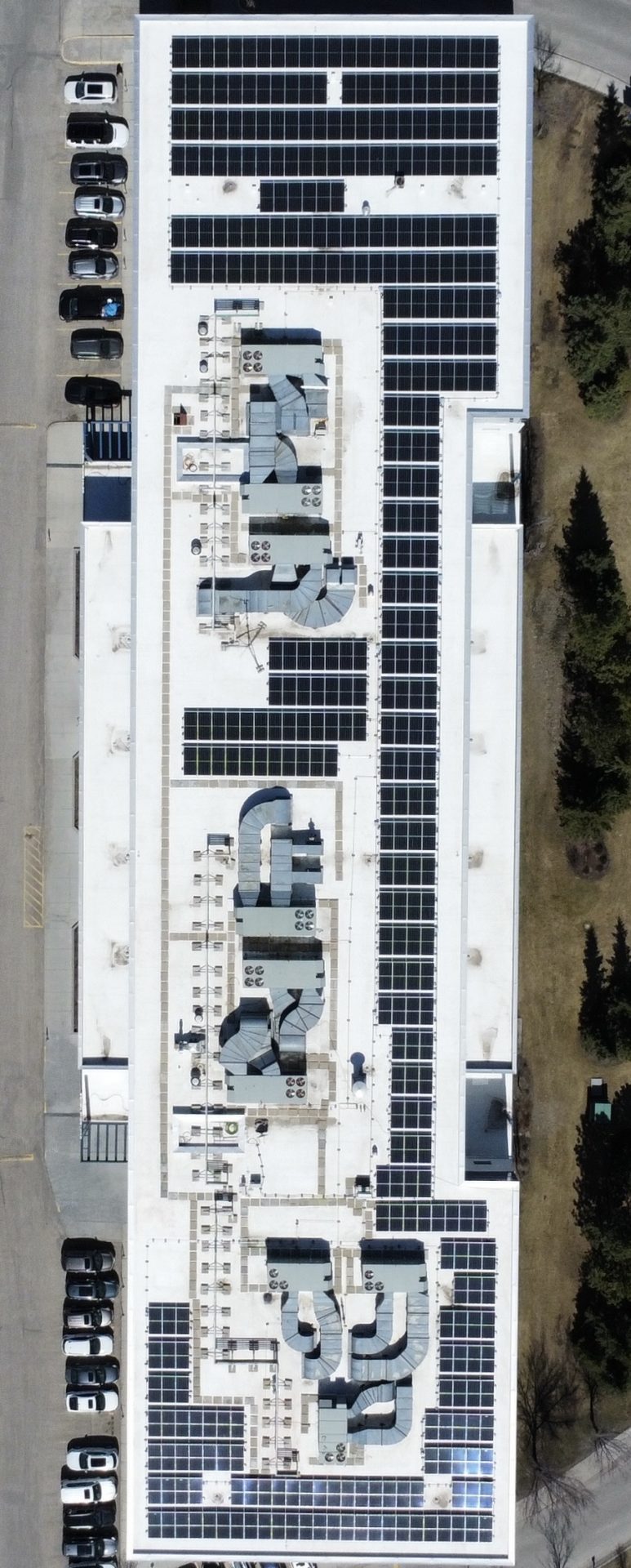 Aerial drone view of a 230 kW commercial solar panel installation on the ARIA multi-family complex in NW Calgary, featuring high-density racking.